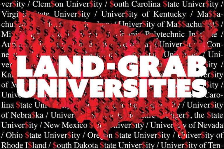 A red shape of the united states map with white letters saying Land Grab Universities