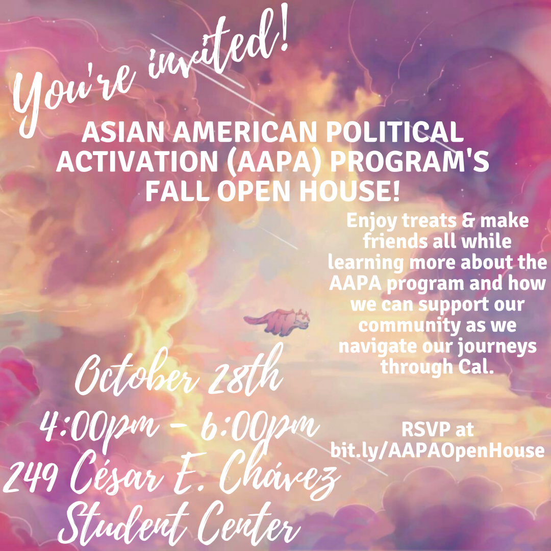On a picture of Appa, the sky bison flying, in the middle of clouds in light pink, orange, purple hues, text in white reads: “ You’re invited!; Asian American Political Activation (AAPA) Program's Fall Open House!; Enjoy treats & make friends all while le
