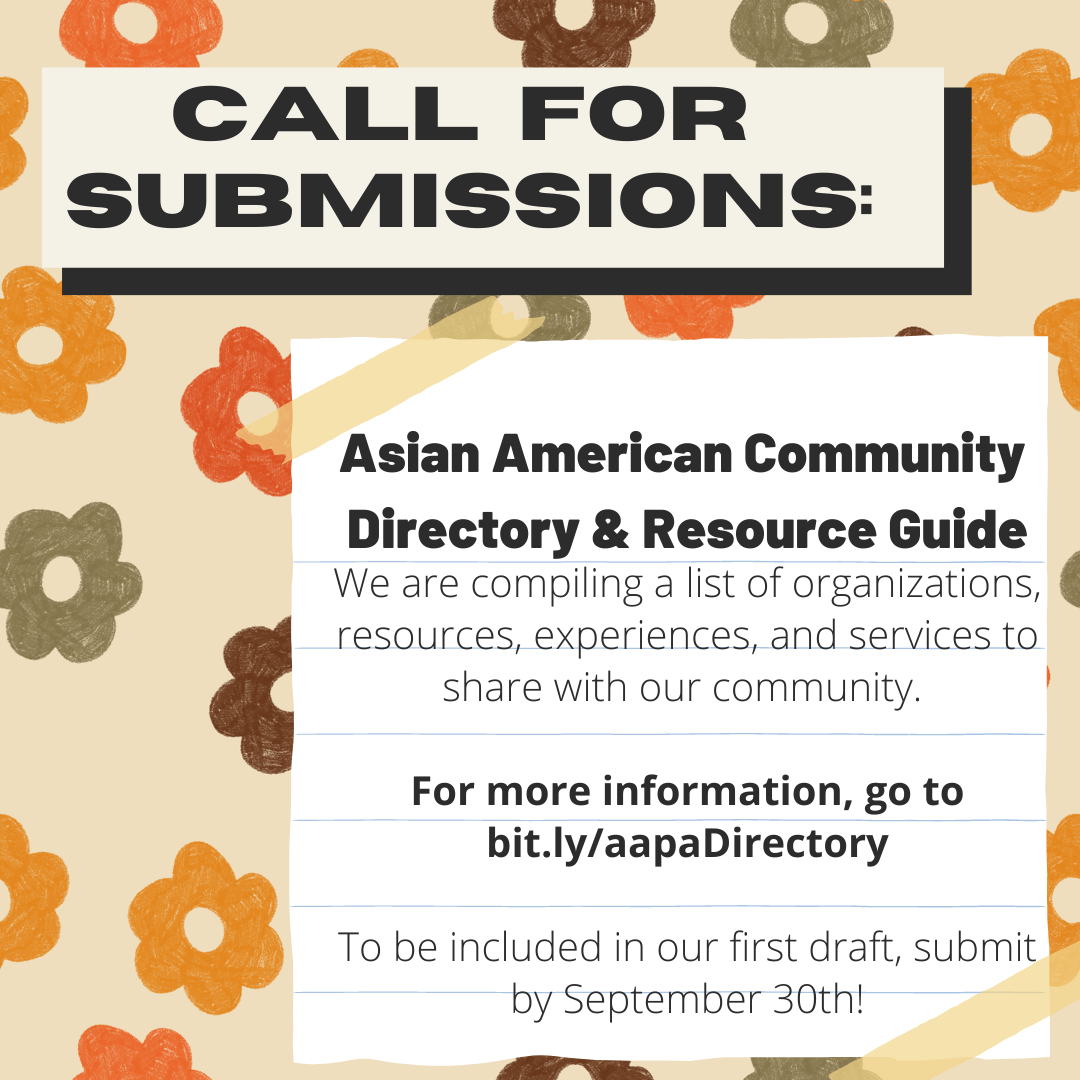 Backdrop of flowers - text reads Call for Submissions" Asian American Community Directory and Resour