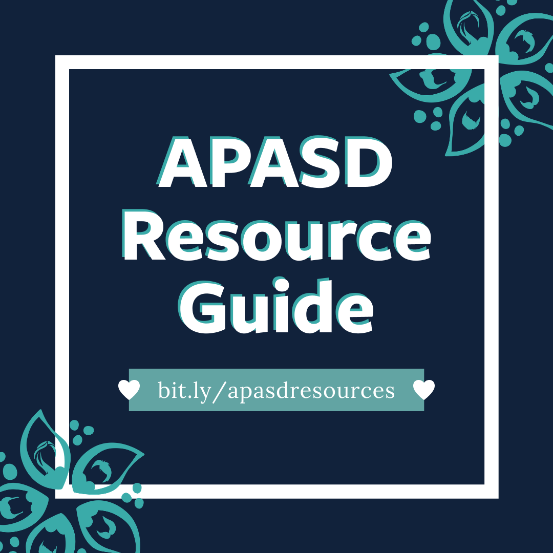 Navy blue box with text that reads APASD Resource Guide.