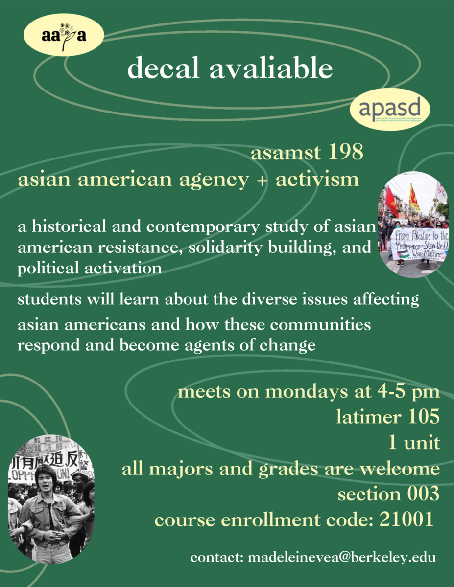 Flyer for Asian American Agency and Activism decal in Latimer 105 on Mondays 4-5pm CCN 21001