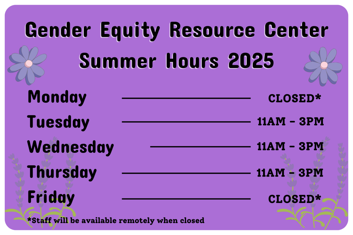 Gender Equity Resource Center Monday Closed, Tuesday 11AM - 3PM, Wednesday 11AM - 3PM, Thursday 11AM - 3PM, Friday Closed.