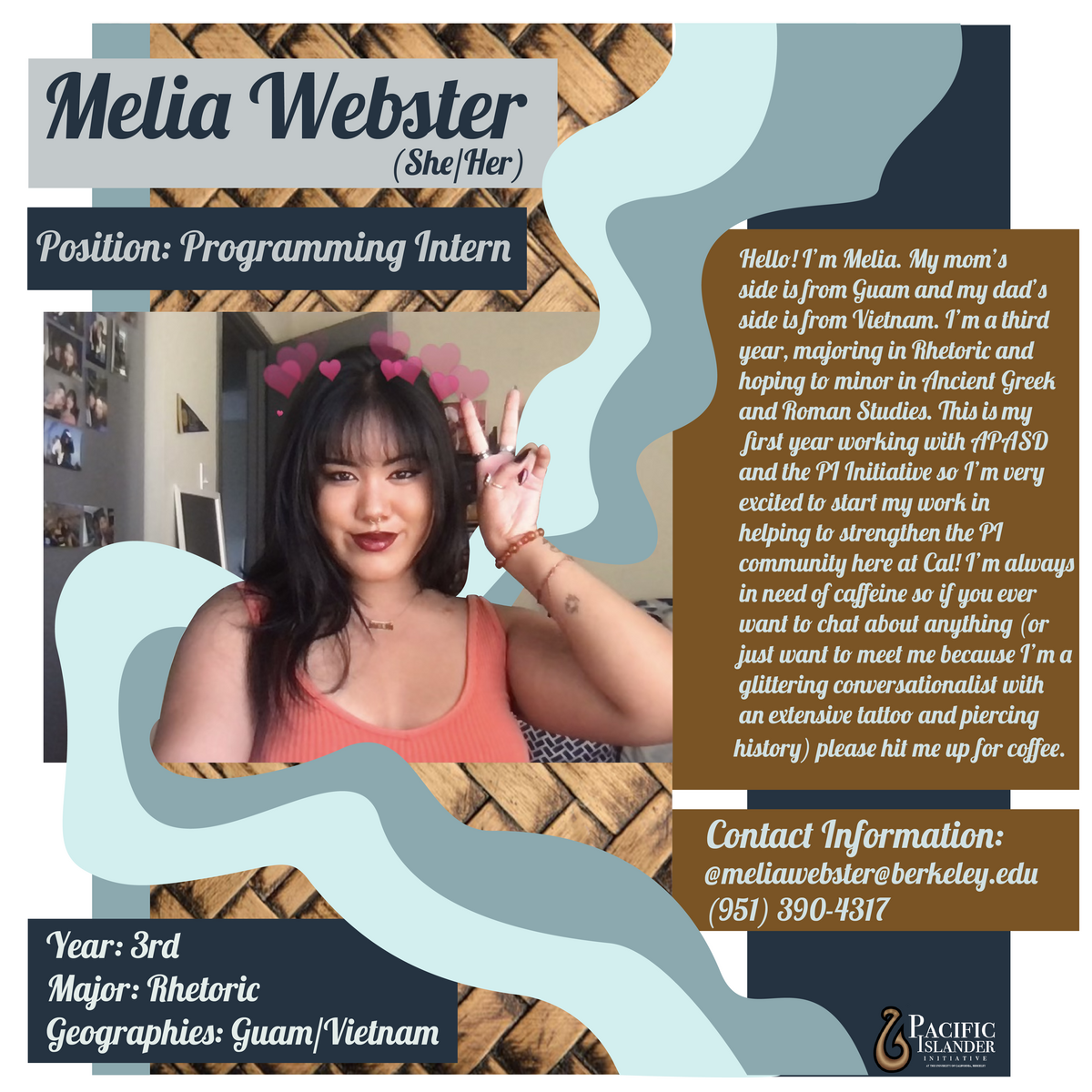 Contact Melia (Programming Intern) at meliawebster@berkeley.edu