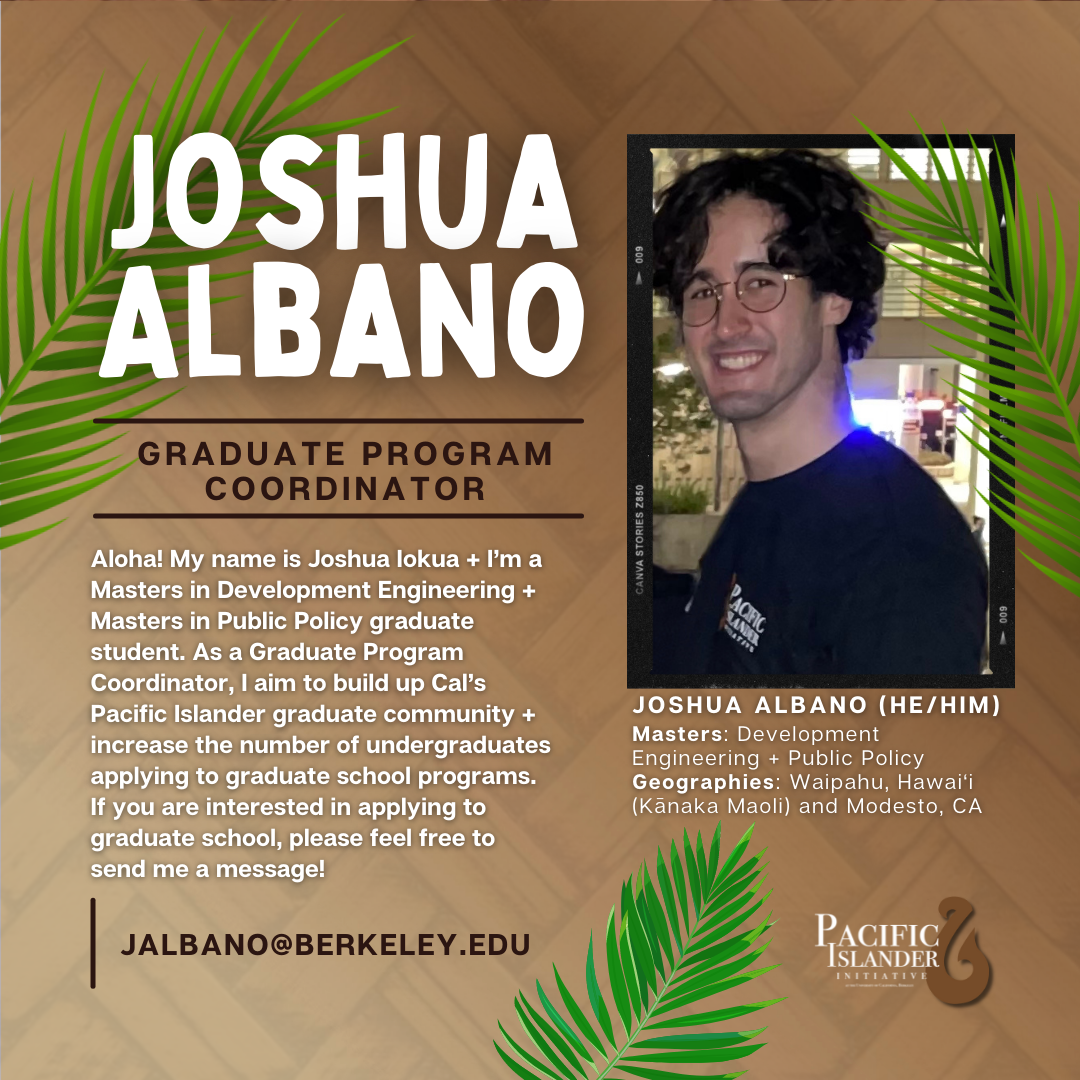 Brown weaved pattern background with palm leaf fronds decorating the borders of the graphic, introducing Joshua Albano, the PI Initiative's Graduate Program Coordinator. Text reads: "Joshua Iokua Albano (He/Him) Position: Graduate Programming Intern Maste