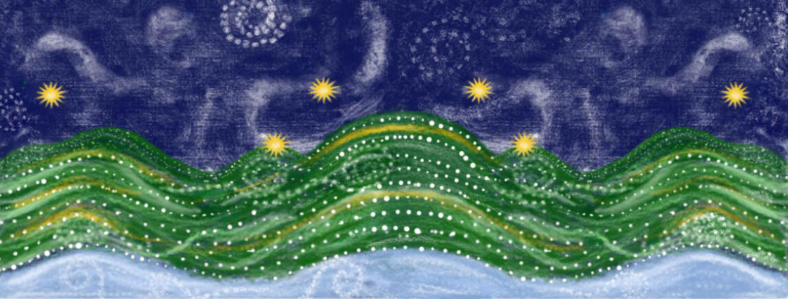 hand drawing of hills the sky and stars