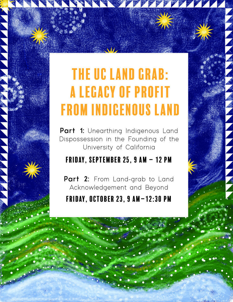 image: hand drawn hills and stars with title of land grab event and dates