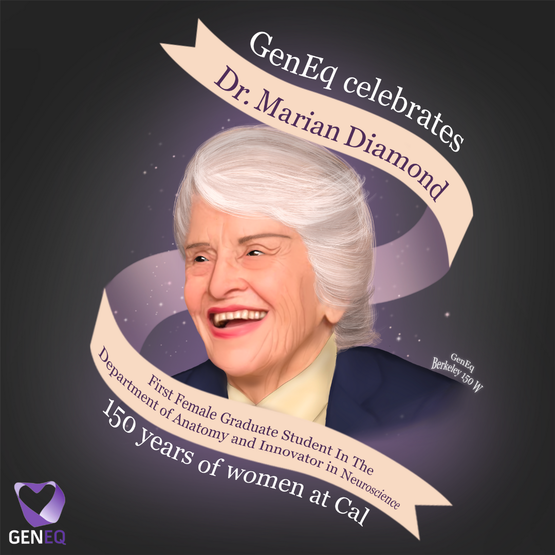 Purple square with digital portrait of Dr. Marian Diamond with a cream banner and GenEq logo on lower left side
