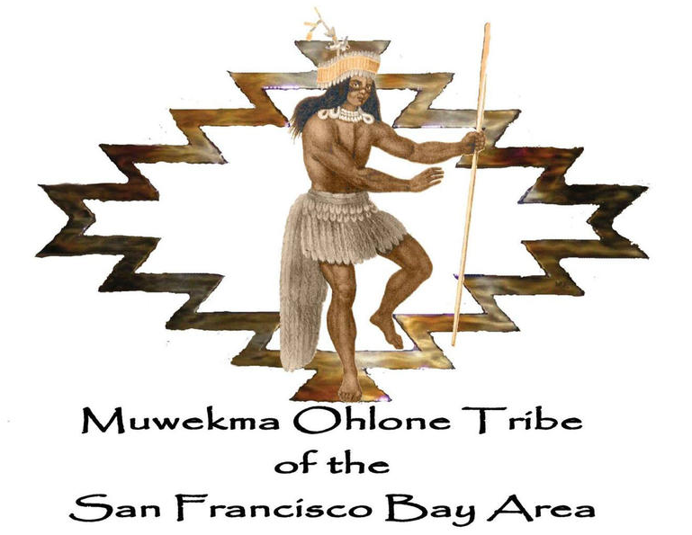 The Muwekma Ohlone Flag. It is a man holding an object that is between a tribal pattern with his foot in a dancing position