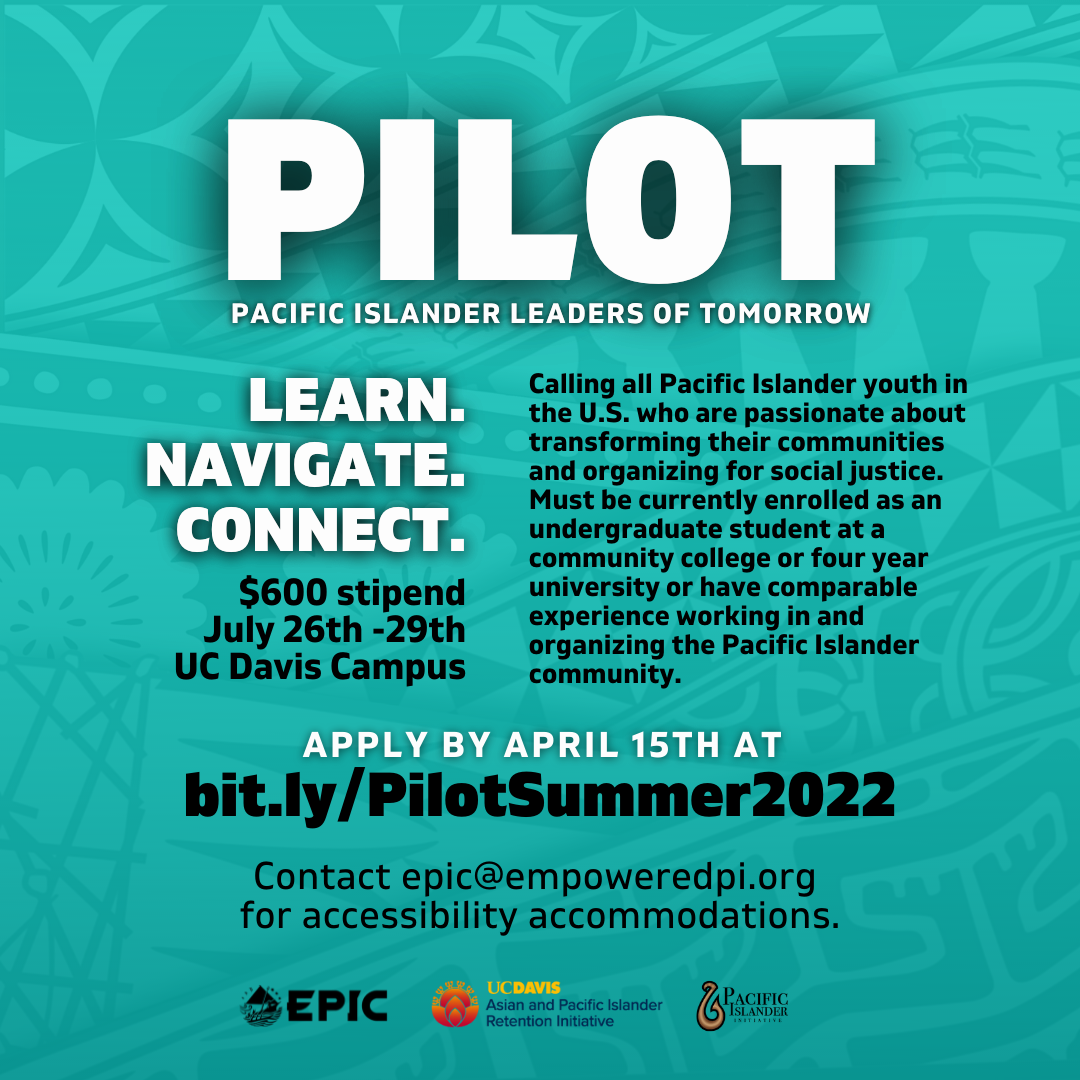 Light blue flyer with Melanesian, Micronesian and Polynesian motifs calling for applicants to the 2022 PILOT Summer Institute.