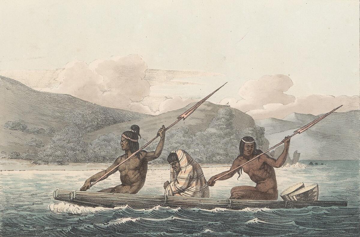 Painting of three Ohlone people crossing the waters in San Francisco Bay by Louis Choris.