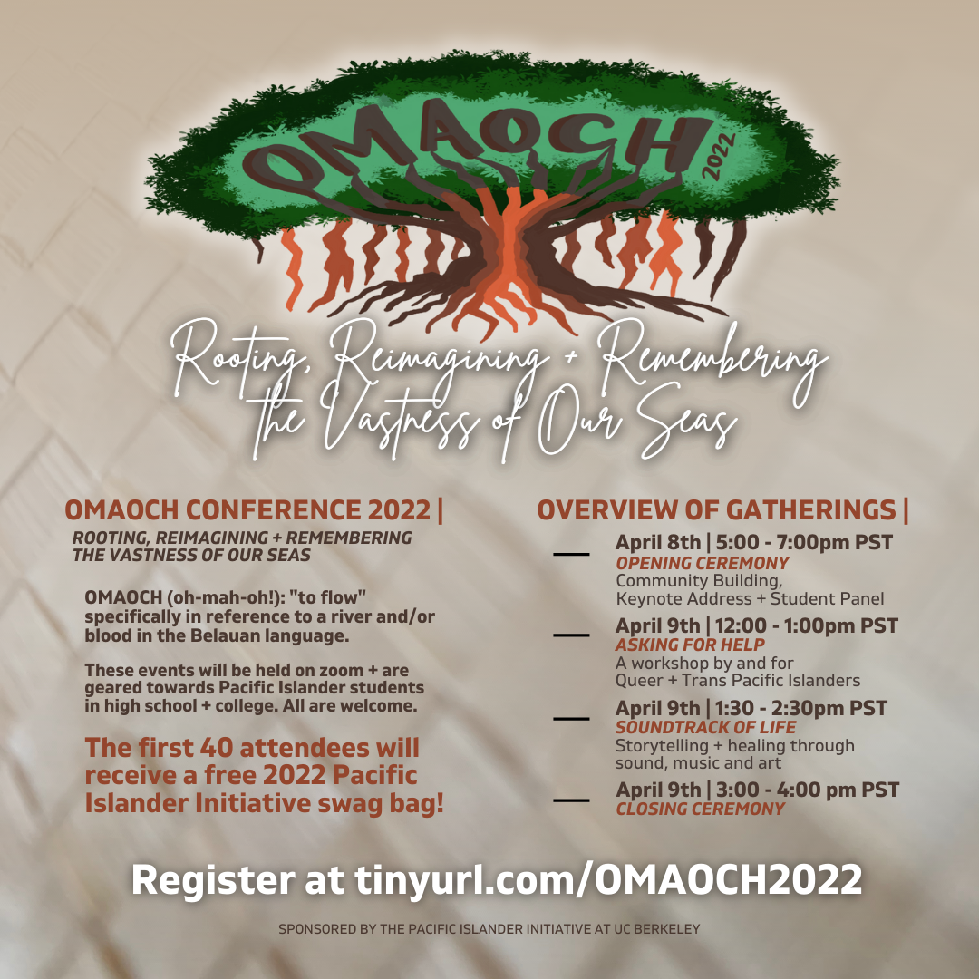 tan flier with a OMAOCH 2022 banyan tree, which has various shades of green in its leaves, and various shades of orange and brown in the branches and trunk. The flyer calls for registrants to OMOACH 2022: Rooting, Reimagining, and Remembering the Vastness