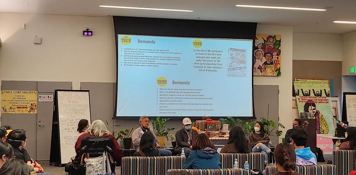 Photo of presentation in the Multicultural Community Center with the 1969 demands of TWLF behind the presenters