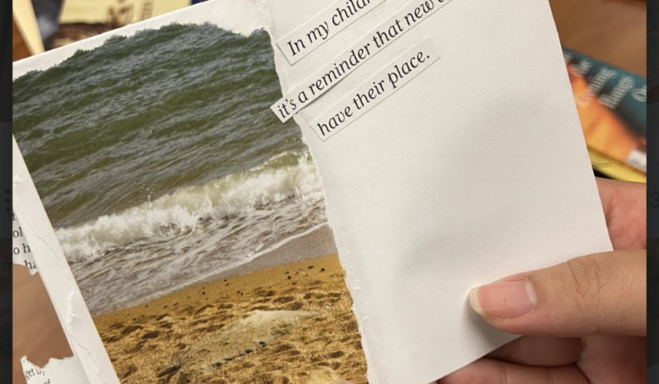 Close-up of a handmade zine with text that reads "In my childhood, its a reminder that both new and old have their place"