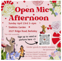 Open mic flyer with pink background, red font and flowers in the corners