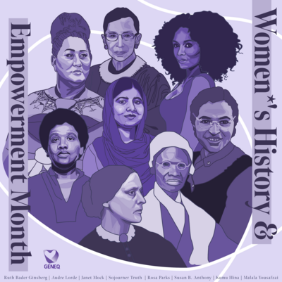 Lavender square with dark purple text down left and right side; 8 women's history  icons in center in various purple hues, GenEq logo on lower left and icon names listed on bottom of square