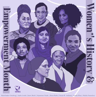 Women*'s History and Empowerment Month Lavender square with dark purple text down left and right side; 8 women's history icons in center in various purple hues, GenEq logo on lower left and icon names listed on bottom of square